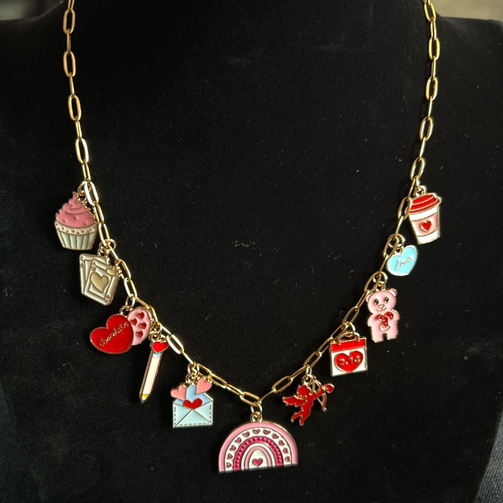 Rainbow Heart Valentine Charm Necklace Gold Plated Paperclip Chain Coquette Y2K